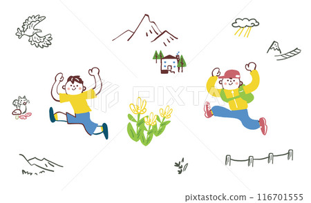 Exciting mountain climbing: Me in my daily life and me preparing for mountain climbing - set stock illustration material 116701555