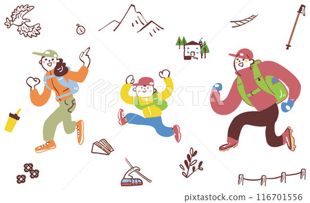 Exciting mountain climbing - Mountain climbing family set stock illustration material 116701556