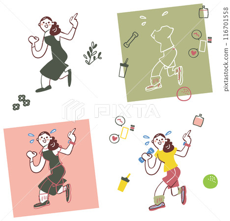 Stock illustration material of a set of women who are devoted to health management and dieting 116701558