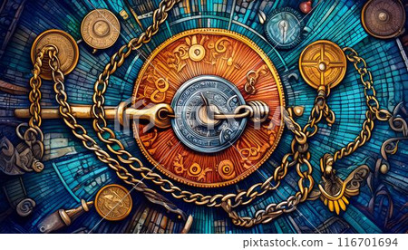 Chain, key and coin, vintage style illustration 116701694