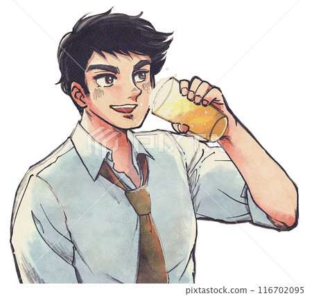一位年輕上班族喝啤酒的復古圖形風格插圖 116702095