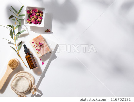 Concept beauty home spa with cosmetic products peeling natural soap, mineral salt, brush Concept beauty home spa with cosmetic products peeling natural soap, mineral salt, brush 116702121