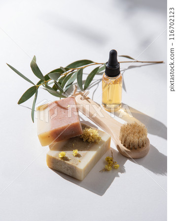 Organic cosmetic products peeling natural soap, brush, and  oil for home skin care  116702123