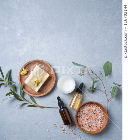 Concept flat lay  beauty spa  with natural cosmetic products peeling natural soap, oil 116702144