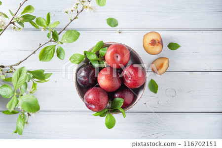 a few juicy red plums in bowl with branch blossom flowers on a white wood background. Top view a few juicy red plums in bowl with branch blossom flowers on a white wood background. Top view 116702151