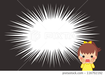 Illustration of a cute little girl who is anxiously calling for attention, cartoon background, copy space, template 116702192