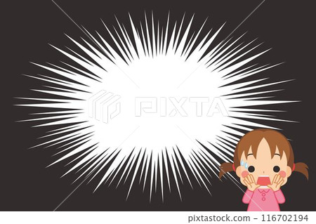 Illustration of a cute little girl who is anxiously calling for attention, cartoon background, copy space, template 116702194