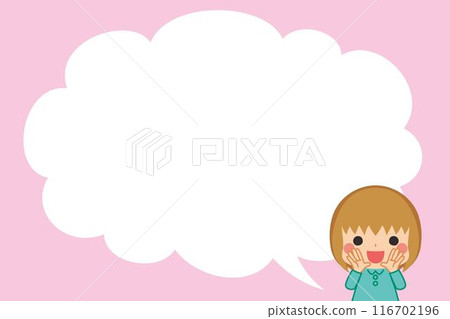 Illustration of a cute little girl smiling and calling out "oi" Cartoon background Copy space Template 116702196