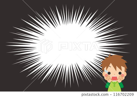 Illustration of a cute little boy who is anxiously calling for attention, cartoon background, copy space, template 116702209