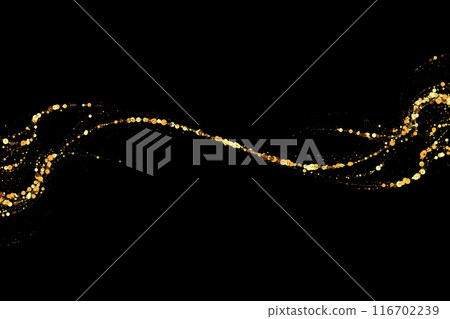 Gold glitter texture on a black background. Wave-like streams of golden colored particles. Festive background. Gold glitter texture on a black background. Wave-like streams of golden colored particles. Festive background. 116702239