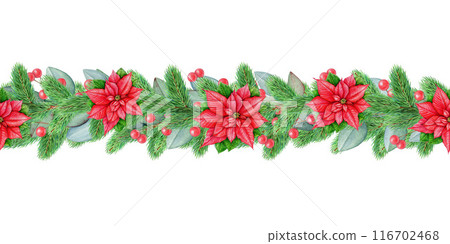 Winter season festive vintage style seamless border. Watercolor illustration. Christmas time painted decoration seamless border with poinsettia flower, conifer, eucalyptus, berries. White background 116702468
