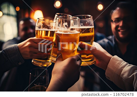 Hands of people with beer in their hands, celebrating, outdoor 116702478