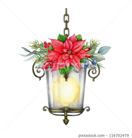 Winter time vintage style floral decor with lantern. Watercolor illustration. Christmas time festive painted decoration with vintage lantern, pine, poinsettia flower. White background 116702479