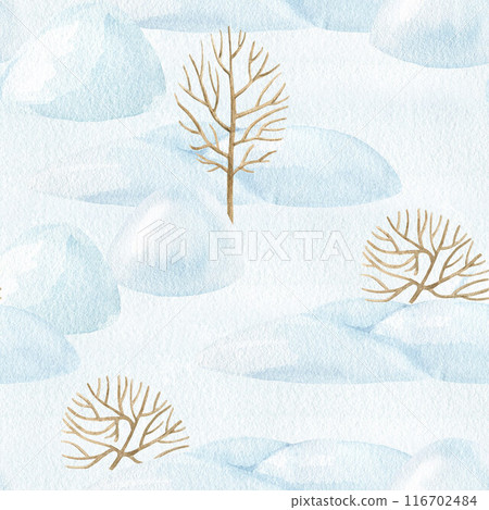 Winter season landscape seamless pattern. Snow piles, bushes, ice, winter landscape on blue background. Traditional vintage style gift wrap design. Hand painted watercolor digital paper element 116702484