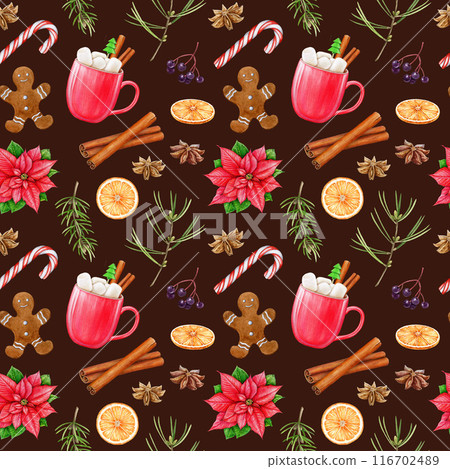 Winter season Christmas treats seamless pattern. Watercolor illustration. Christmas treats, marshmallow, cinnamon, pine branch, sugar cane elements. Winter season cozy decorative seamless pattern Winter season Christmas treats seamless pattern. Watercolor illustration. Christmas treats, marshmallow, cinnamon, pine branch, sugar cane elements. Winter season cozy decorative seamless pattern 116702489