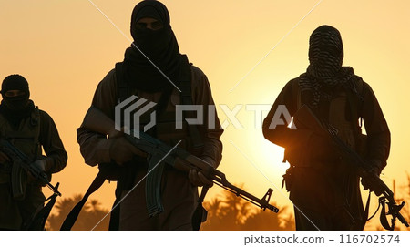 Squad of Islamic warriors with weapons in a desert. 116702574