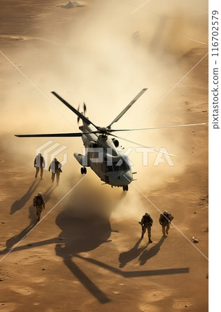 From above, a helicopter lands, dust and sand rising, announcing their arrival. From above, a helicopter lands, dust and sand rising, announcing their arrival. 116702579