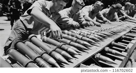 Retro photo of World War II soldiers unloading and sorting ammunition. 116702602