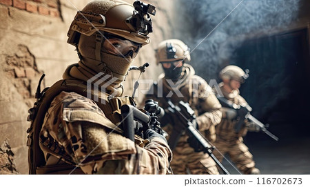 Group of special forces soldiers in a warehouse with weapons are preparing for an operation. 116702673