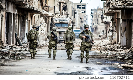 Group of military mercenaries during a cleansing operation in a ruined city. 116702711