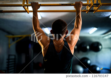 Back view of a strong man doing pull ups in a gym 116703147