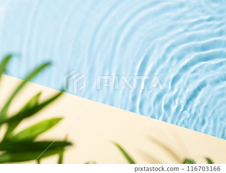 Abstract view of waves in the water near a swimming pool with shadows of green plants  116703166
