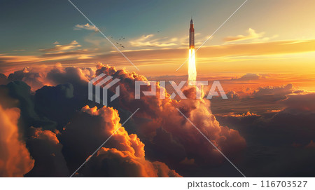 Rocket launching through the clouds at sunrise. 116703527