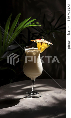 Pina colada cocktail. a dark background and hard lighting that creates shadows Pina colada cocktail. a dark background and hard lighting that creates shadows 116703528