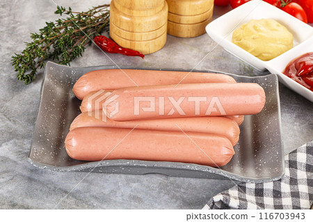 Boiled sausages with ketchup and mustard Boiled sausages with ketchup and mustard 116703943