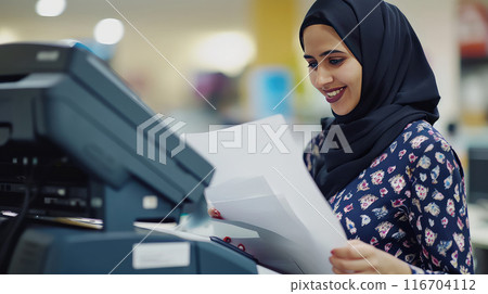 Dedicated and ambitious, a Muslim woman thrives in the fast-paced office environment. 116704112