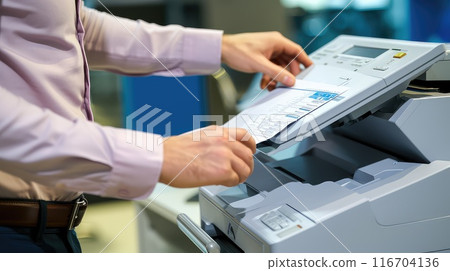 Printing needs met efficiently by the capable office man. 116704136