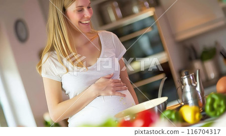 Her joy radiates as she prepares nutritious meals for her baby. Her joy radiates as she prepares nutritious meals for her baby. 116704317