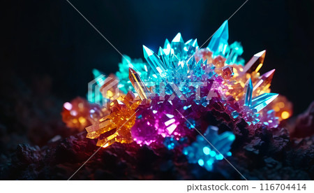 Cluster of colorful fantasy glowing crystals on black background 116704414