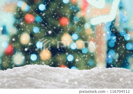 Empty white snow with blur Christmas tree with bokeh light background Empty white snow with blur Christmas tree with bokeh light background 116704512