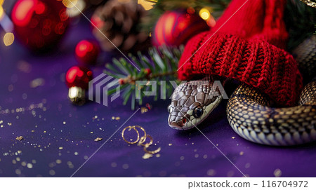 Green snake in red hat year on purple background with Christmas tree and lights. New year design 116704972