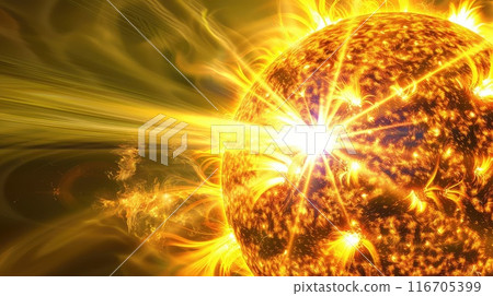 A powerful flare on the sun surface. Dazzling flare lights up the sun's surface. A powerful flare on the sun surface. Dazzling flare lights up the sun's surface. 116705399