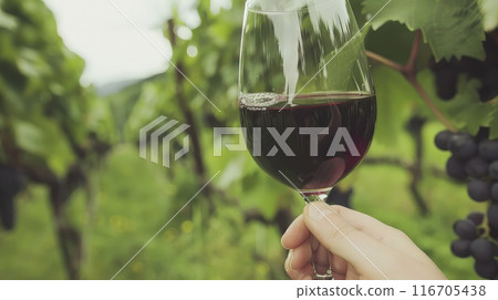 Hand of a sommelier with wineglass with red wine close-up. 116705438