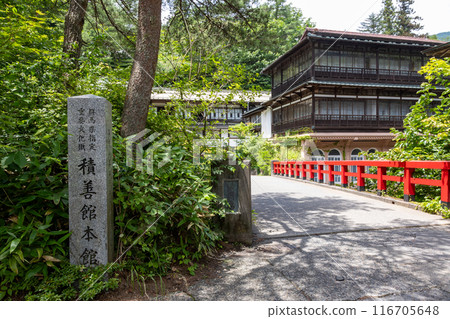 Shima Onsen in summer: Sekizenkan main building and Keiun Bridge Shima Onsen in summer: Sekizenkan main building and Keiun Bridge 116705648