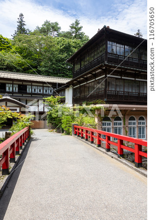 Shima Onsen in summer: Sekizenkan main building and Keiun Bridge Shima Onsen in summer: Sekizenkan main building and Keiun Bridge 116705650