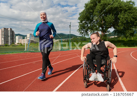 A Muslim woman in a burqa running together with a woman in a wheelchair on the marathon course, preparing for future competitions. 116705667