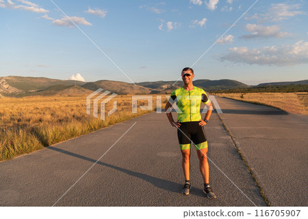 Triathlete resting after exhausting training for the upcoming marathon. 116705907
