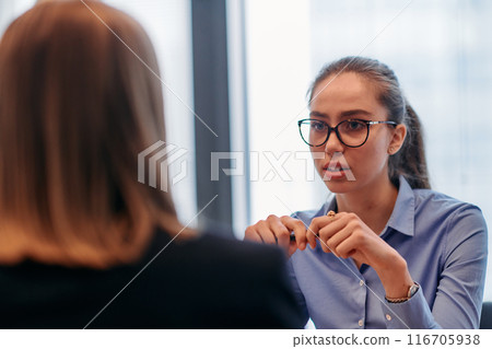 Businesswoman Leading Discussion in Modern Office Setting 116705938