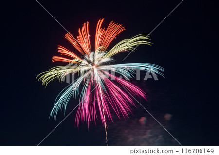 Kure Summer Festival: Fireworks Display on the Sea, Close-up, Colorful Kure Summer Festival: Fireworks Display on the Sea, Close-up, Colorful 116706149