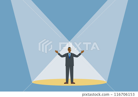 Flat design of 8-head body proportions of a black male businessman standing on stage in the spotlight Flat design of 8-head body proportions of a black male businessman standing on stage in the spotlight 116706153