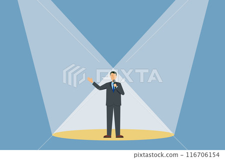 Flat design of 8-head-body ratio Japanese male businessman standing on stage in the spotlight Illustration of a performance Flat design of 8-head-body ratio Japanese male businessman standing on stage in the spotlight Illustration of a performance 116706154