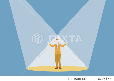 Flat design of 8-head body proportions Caucasian female businessman standing on stage in the spotlight Illustration of a performance 116706162