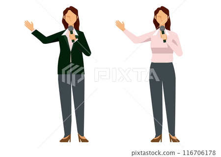 8-head-body-body-body flat design Japanese female business man giving a presentation with a microphone Illustration set 116706178