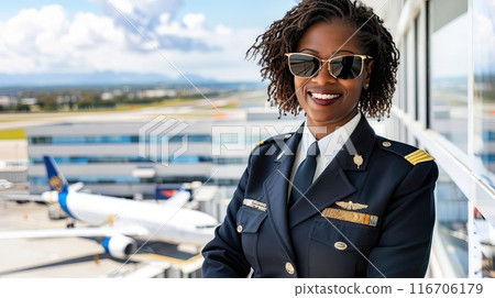 African American female pilot in uniform in sunglasses. 116706179