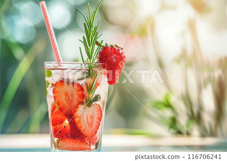 Refreshing drink with rosemary, strawberry and straw on blurred background 116706241