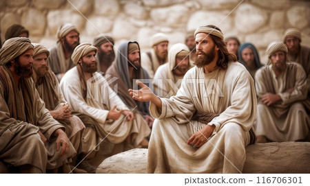 Jesus preaches the word of the Lord to a crowd of believers. 116706301